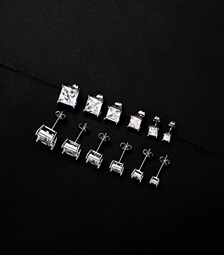 Tornito 6 Pairs 20G Stainless Steel Stud Earrings Square Cubic Zirconia Earring Set For Men Women 3MM-8MM Silver Tone - style: B:6 Pairs,Square CZ