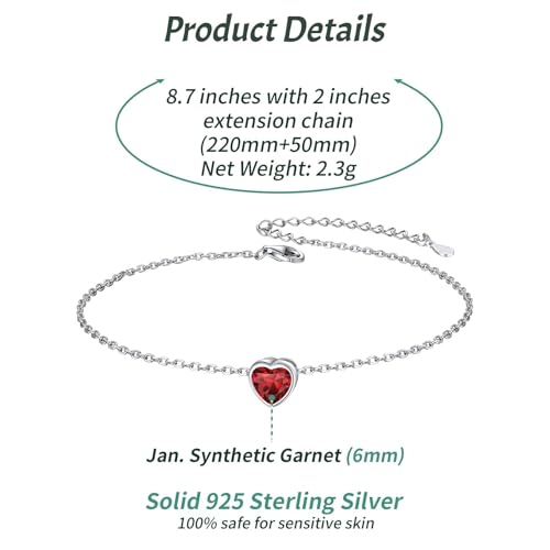 ChicSilver 925 Sterling Silver Anklets for Women, Simple Dainty Round/Heart Birthstone Ankle Bracelet Beach Foot Jewelry, 8.7-10.7 Inch Adjustable - color: 01. Heart - January(Garnet)