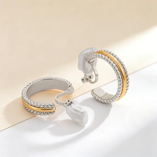 Clip on Earrings for Women Silver and Gold Plated Twisted Rope Hoops Non Pierced C Hoop Earring Lightweight Two Tone Clips Mixed Metal Jewelry Gifts - color: Twisted Hoop-silver&gold