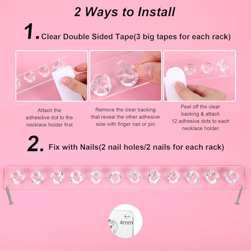2Pcs Wall Necklace Holder for Women, Hanging Jewelry Organizer Wall Mount Crystal Holder Necklace Wall Hanger, Acrylic Bracelet Holder Organizer Jewelry Rack Adhesive Hooks Necklace Storage - style: 2 Pcs 12 Hooks