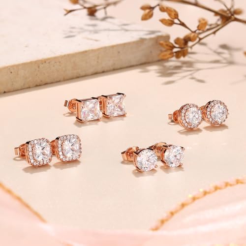 MILACOLATO S925 Sterling Silver Stud Earrings for Women Men Hypoallergenic 18K Gold Plated Cubic Zirconia Earrings Studs Brilliant Simulated Diamond Halo Earring for Sensitive Ears - style: 18K Rose Gold Plated - Medium Size CZ