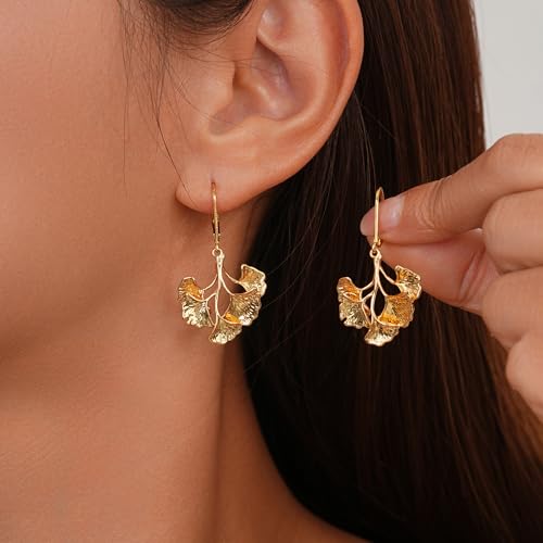 Sylph Large Gold Earrings for Women, Chunky Gold Statement Drop Dangle Earring Maple Leave Ginko Leaf Jewelry Gifts - style: Middle Ginko Leaf Earrings