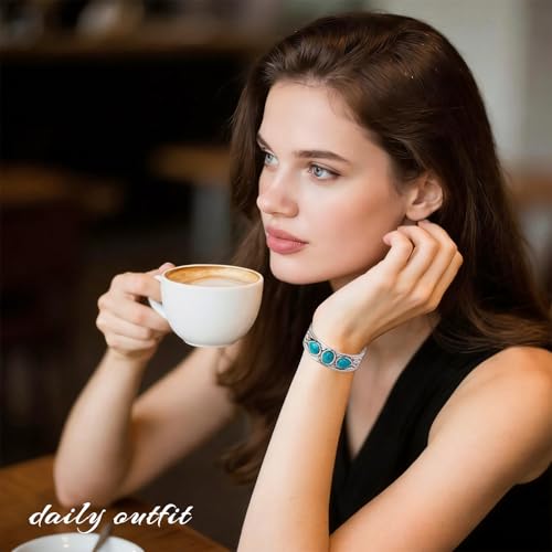 Western Turquoise Cuff Bracelet for Women, Silver-Tone Concho Boho Bracelet Southwestern Jewelry Adjustable Western Bangle for Rodeo Country Outfit Gifts