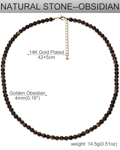 Simple 4mm Gemstones and Crystals Choker Necklace Unisex 16"-18" | Necklaces for Women Men, Adjustable, 40-45 cm Chain Length, Handmade, Spiritual Gemstones, Positive Energy, Daily Wear - style: Golden Obsidian