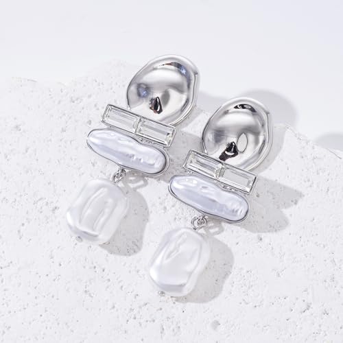 Statement Pearl Dangle Earrings,large Pearls Vacation Earrings with Crystal,Party Jewelry Gift for Women - color: Silver tone