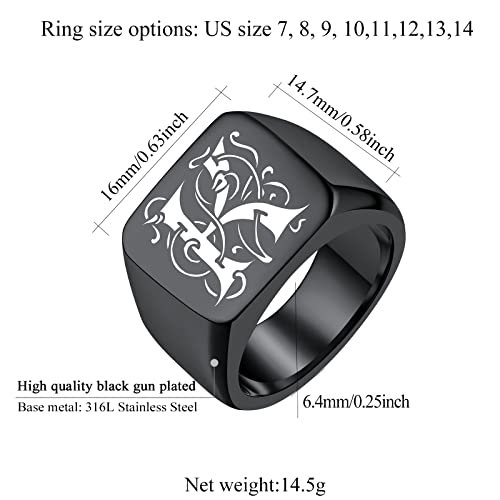 FindChic Customized Signet Photo Rings Square/Heart/Round Chunky Band Ring Stainless Steel/18K Gold Plated/Black Size 7 to 14 Personalized Jewelry for Men Women, Send Gift Box - color: 01. personalized monogram square (black)