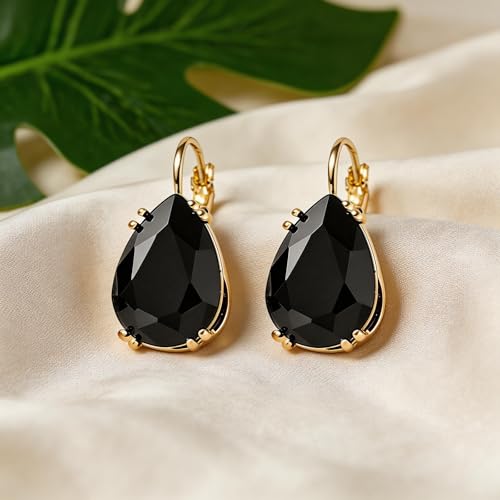 Gold Tone Teardrop Crystal Leverback Earrings Black and Metallic Earrings for Women Specific Rhinestone Water Droplet Dangle Drop Jewelry Black Teardrop Party Gifts