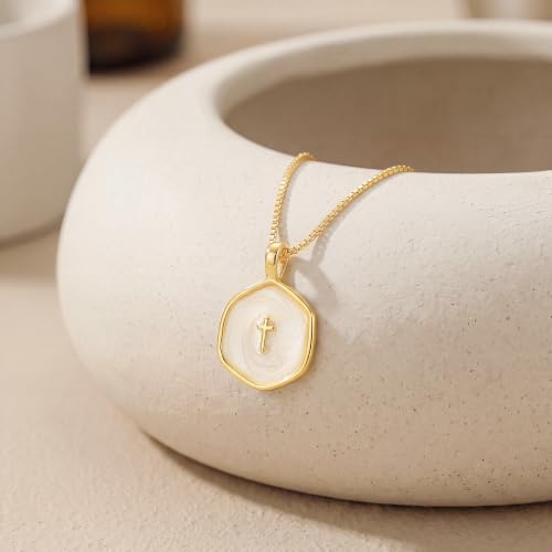14K Gold/Silver Plated Cross Necklace for Women White Enamel Pendant | Unique Brass Irregular Disc Cross, Dainty Minimalist Faith Jewelry for Everyday Wear, Comes in a Beautiful Box - style: gold style4