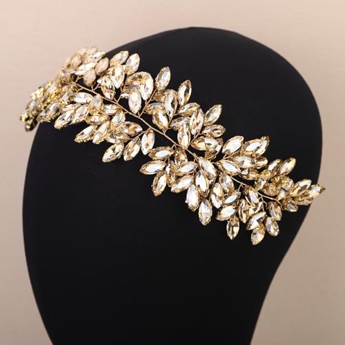 Missgrace Women Silver Green Black Red Blue Handmade Full Crystal Rhinestone Large Headband Hair Vine Shinny Headpiece Bridal Wedding Hair Accessories for Women (Champagne) - color: Champagne