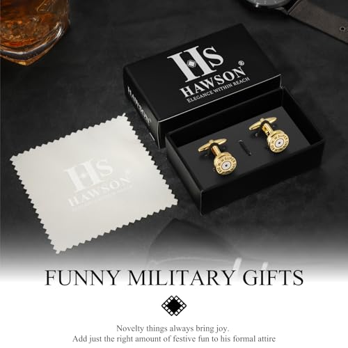 HAWSON Various Unique Cuff Links Mens, Animal/Tactical/Music/Holiday/Cufflinks, Themed Wedding Dinner Party Gift Suit Accessories - style: Gold Bullet Caliber