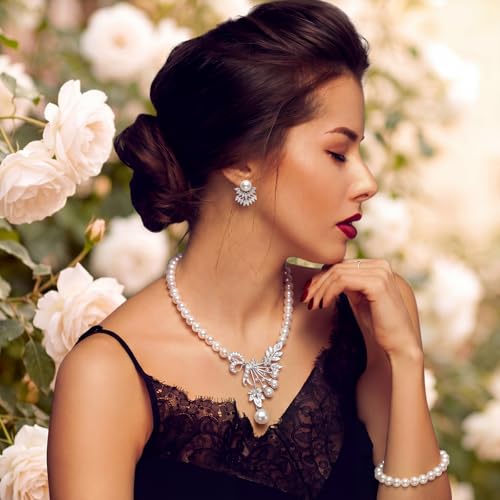 Glenmal Pearl Rhinestone Jewelry Set for Women Pearl Necklace Bracelet Earrings for Wedding Halloween Bridal Shower Tea Party - style: Glitter Style