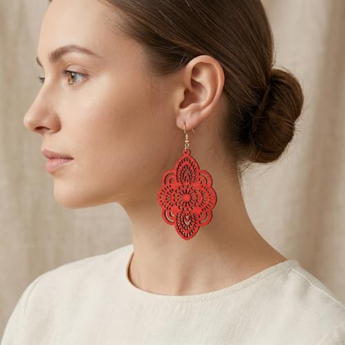 Boho Black Filigree Dangle Earrings for Women, Lightweight Hollow Lace Drop, Wood, 3.34" x 1.69", Bohemian Jewelry - color: Red