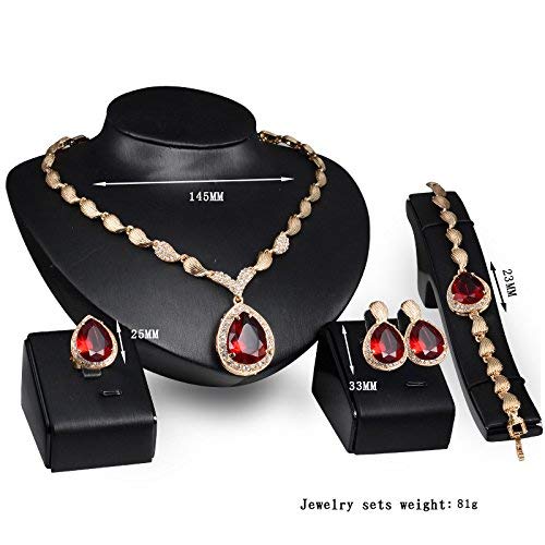Womens Luxury Africa Dubai 18k Gold Plated Jewelry Sets Wedding Rhinestone Crystal Bib Statement Necklace Earrings Set for Brides Party Prom - color: Red