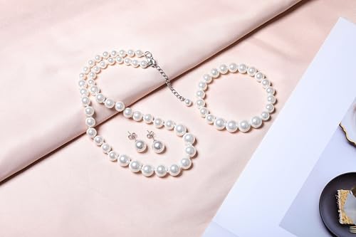 Faux Pearl Jewelry Set for Women, 3 Piece Necklace Bracelet Earrings | Glass Material, Adjustable Comfortable Fit, Party & Prom Accessory - style: White 16 inches
