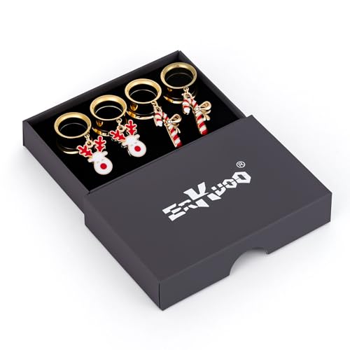 ERKUOO 4PCS Christmas Ear Tunnels Set Stainless Steel Double Flare Gold Tone Plug Gauges with Santa Snowman Reindeer Candy Cane Dangle Charms Holiday Stretching Jewelry Gift for Women Men 6mm-25mm - color: Reindeer & Candy Cane Set, size: 22mm