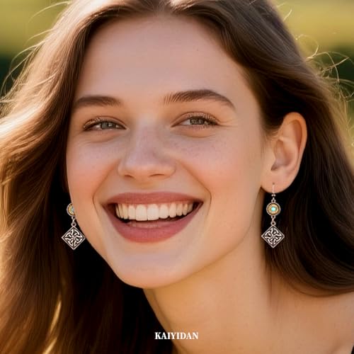 Boho Turquoise Dangle Earrings For Women Trendy,Western Blue Gemstone Drop Earings,Vintage Gothic Ethnic Statement Beach Vacation Long Birthstone Earrings with Leaf Teardrop Turquoise Crystal Tassels,Fashion Jewelry Birthday Gift. - style: A9 Geometric Br