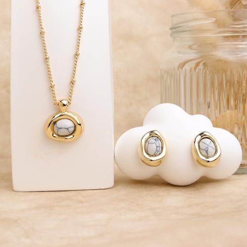 Jean Beau Gold Stone Pendant Necklaces for Women, Chunky Gemstone Dangle Necklace Wedding Prom Fashion Jewelry Gift - color: White Turquoise