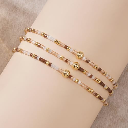 Colorful Gold Beaded Bracelets for Women Boho Tiny Gold Plated Ball Stretch Stackable Small Seed Beads Bracelet Stack Trendy Jewelry Set Dainty Vacation Friendship Christmas Gifts for Women - color: Brown