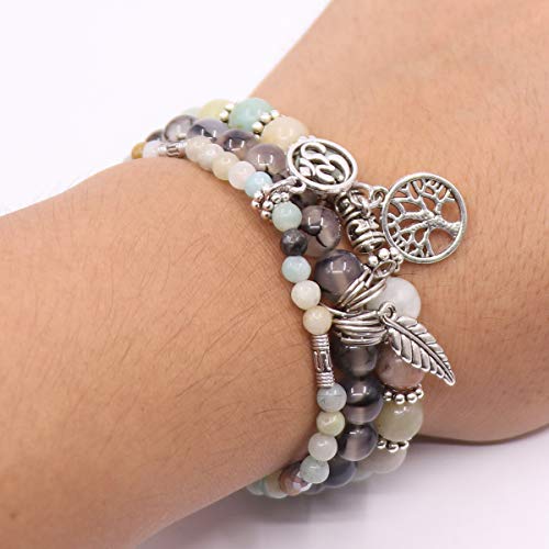 Tree of Life Yoga Healing Stone Bracelets,Multilayer Lotus Chakra Stone Reiki Bracelet Sets,Anxiety Crystal Natural Stone,for Women Stress Relief - style: Amazon Stone+Dragon Stone