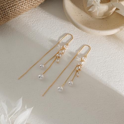 14K Gold Plated CZ Flower Dangle Earrings for Women, Sparkly Cubic Zirconia Long Tassel Drop Earrings, Bridal Wedding Jewelry - color: F:Leaf Pearl Earrings