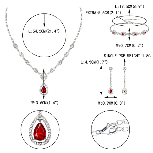 EVER FAITH Bridal Jewelry Set for Women, Stunning Teardrop Cubic Zirconia Birthstone Necklace Bracelet Earrings Sets Gift for Mothers Day/Valentines/Birthday/Christmas - color: Red