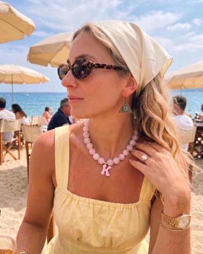DoDoBeads Chunky Colorful Beaded Initial Necklace, Bubble Letter Choker | Gift box and dust pouch included; waterproof and sweat-resistant with real gold plated stainless steel hardware - color: Pink-L