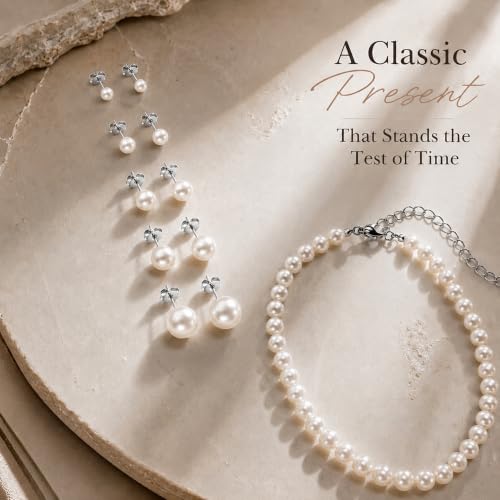 D.Bella Pearl Necklace Stud Earrings Set for Women Dainty Round Imitation Pearl Choker Necklace for Wedding -5Pairs Hypoallergenic Earrings Delicate Jewelry - color: A-Silver