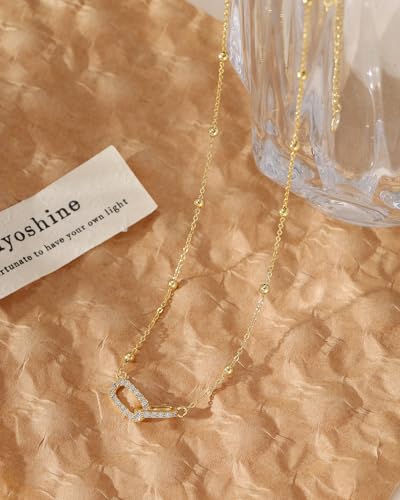Gold Necklace for Women, 14K Gold Plated Cubic Zirconia Pendant Necklace, Dainty Heart Moon Circle Paperclip Jewelry for Layering, Everyday Birthday Gift - color: Gold Interlocking Paperclip