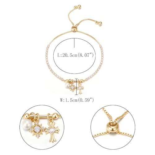 FANZE Gold Plated Cubic Zirconia Tennis Bracelets for Women Dainty Trendy Adjustable Bracelet Jewelry Gift for Ladies Wedding Mother Birthday Anniversary - style: Gold Charm