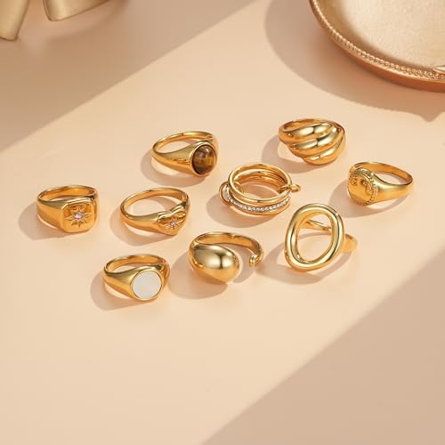 YeGieonr Gold Rings for Women Trendy Non Tarnish Chunky Gold Plated Ring, Waterproof Stainless Steel Gold Jewelry Gift - color: Round Shell, size: 7