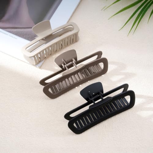 3 Pack Hair Claw Clips 5.1 Inch Large Square Rectangle Jaw Clips Plastic Hollow Strong Hold XL Claw Clip for Thick Curly Long Hair Women(Brown, Khaki, Black) - color: Brown& Khaki& Black