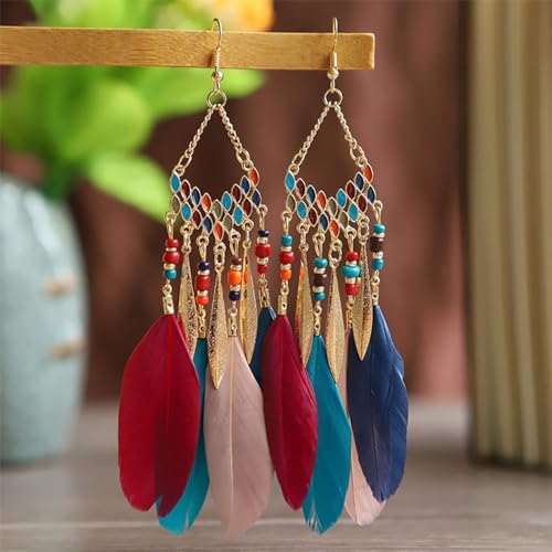 Faux Feather Fringe Tassel Long Dangle Earrings for Women | Bohemian Women Tassel Drop Jewelry - color: colorful