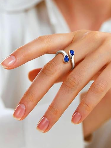 Bestyle Silver Birthstone Ring for Women, Dainty Sterling Silver Teardrop Ring Open Adjustable Band Ring, Love Statement TOI et Moi Ring Promise Ring for Her - color: 09.September ( Sapphire)