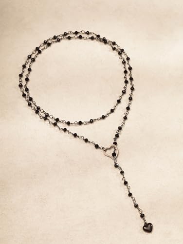 Sacina Long Lariat Beaded Heart Choker Necklace, Goth Emo Punk Grunge Necklace - color: Black