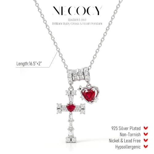 Cross Heart Necklace for Women, Elegant Red Gemstone Pendant Jewelry, Non Tarnish Hypoallergenic Necklace, Dainty Everyday Layering Chain for Her, Birthday Anniversary Graduation Gifts - color: Silver