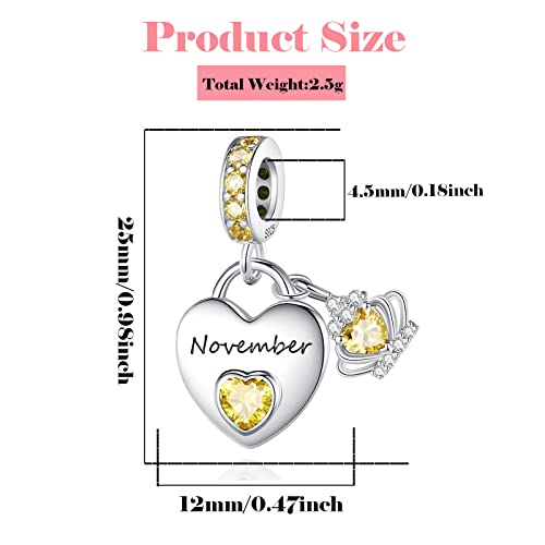 Birthstone Charms for Charms Bracelet: 925 Sterling Silver Heart Dangle Charms for Bracelets and Necklaces, Birthday Mother's Day Christmas Gifts For Women. - color: November