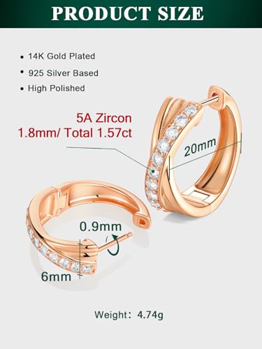 Women's Huggie Hoops with Birthstone 925 Sterling Silver Huggie Stud Hypoallergenic 14K Gold Plated Moissanite Earrings -Emerald Sapphire Ruby Hoop Earrings, Size 20 25mm - color: B -Rose Gold CZ, size: 20mm (0.78 Inch)