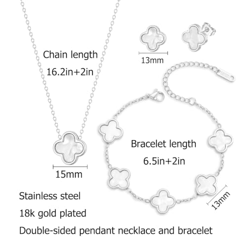 Clover Necklace Bracelet and Stud Earrings Jewelry Sets for Women | 18K Gold Plated Stainless Steel, Black/White Four Leaf Clover set,Christmas Birthday Lucky Gifts for Mom Wife Girlfriend - color: Silver White 3PCS