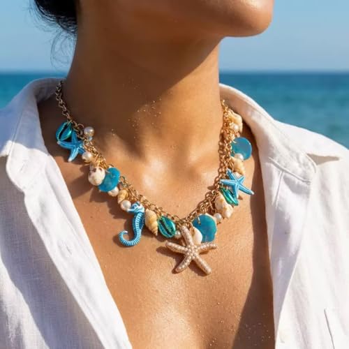 JNF Cute Shell Conch Boho Charm Necklace for Women Sun Moon Star Coin Heart Flower Boot Bow Charms Necklaces Summer Beach Jewelry - color: beachy sea shell conch blue