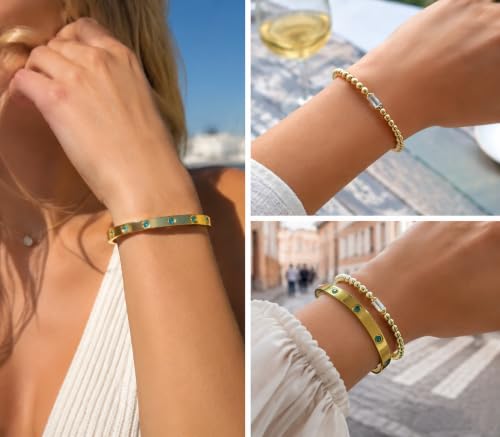 18K Gold Plated Blue Crystal Bangle Bracelet Set for Women, Stackable Adjustable Tennis Bracelet, Elegant Luxury Jewelry for Wedding, Cocktail Party, Anniversary and Formal Occasions
