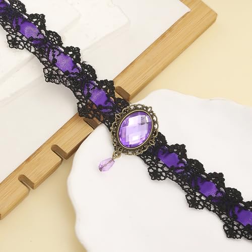 CSIYANJRY99 Gothic Choker Necklace for Women Halloween Red Crystal Vampire Choker Steampunk Lace Choker Witch Costume Accessories - style: Purple