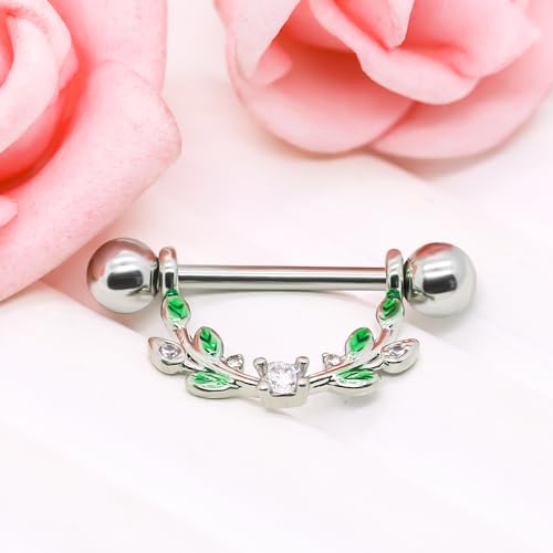 2pcs 14G Nipple Rings Flower Nipple Bars Surgial Steel 316L Nipple Piercing Jewelry Heart Nipple Barbell for Women - color: GREEN round