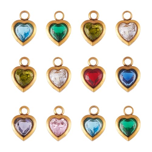 Beadthoven 20Pcs Heart Rhinestone Charms, Real 18K Gold Plated Crystal Charms Valentine Dangle Beads Sparkly Small Mini Birthstone Pendants for Bracelet Necklace Earrings DIY Jewelry Making Accessory - color: Hearts