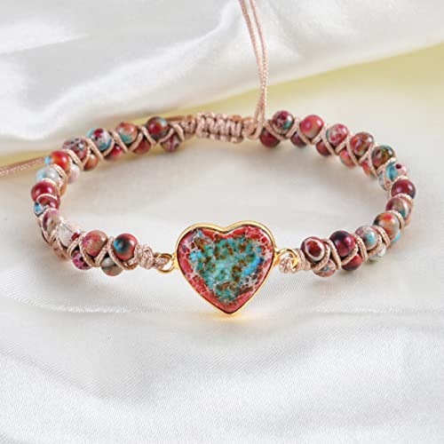 YGLINE Stone Bead Yoga Meditation Bracelet Healing Crystal Double Layer Natural Gemstone Beaded Relax Anxiety Bracelets for Women Men - color: jasper heart