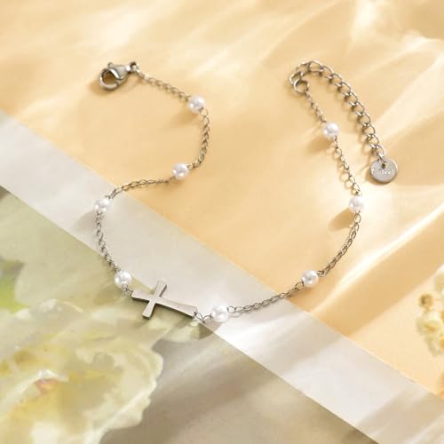 Dainty Cross Ankle Bracelets for Women 18K Gold Plated Tiny Pearl Colorful Beads Beach Summer Simple Foot Jewelry Anklets for Jewelry Gift - style: Multi Pearls Cross-WG