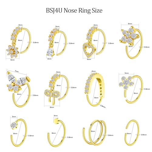 BSJ4U Hoop Nose Rings for Women Nose Piercings 20G Stainless Steel Nose Rings Hoops Heart Butterfly Flower Bow Teardrop Double Nose Hoops Gold Plated Silver Pink Clear CZ Nose Piercing Jewelry - color: Gold Plated Clear Nose Rings