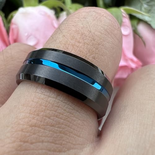 TUTISS 6mm 8mm Silver/Black/Blue/Gunmetal/Gold/Rose Gold Tungsten Rings for Men Women Fashion Engagement Wedding Bands Matte Finish Beveled Edges Comfort Fit - color: 8mm Black Blue Tungsten