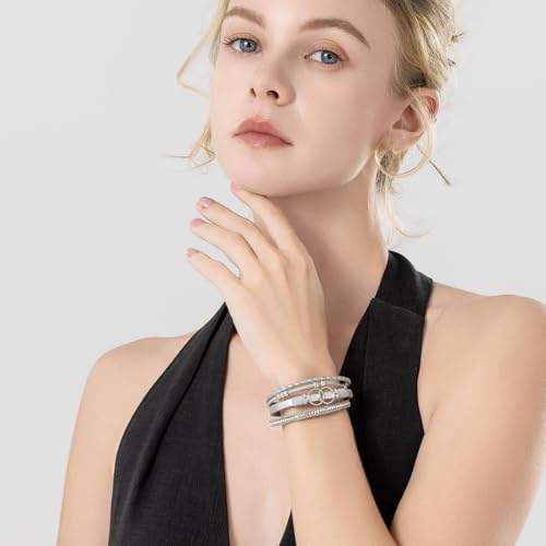 Chunky Boho Leather Wrap Bracelets Cowgirl Beaded Circle Western Jewelry | Stackable Infinity Layered Bohemian Magnetic Clasp Cuff Statement Fashion Colorful Country Hippie Outfits for Women Trendy - color: Silver