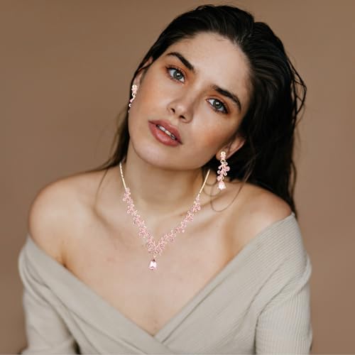 Rhinestone Wedding Jewelry Sets for Bridal Women Crystal Necklace Bracelet Earrings Set Prom Jewelry Set for Brides - color: Pink Gold