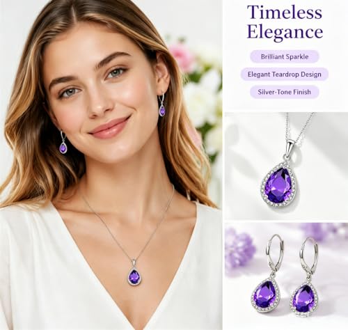 VONSSY Classic Oval Pendant Gemstone Necklace | Crystal Ruby Sapphire Waterdrop Birthstone Teardrop Emerald Necklace | 18K Platinum Gold Plated Chain | Jewelry Gift for Mother Wife Girlfriend - color: NL & ER - Purple